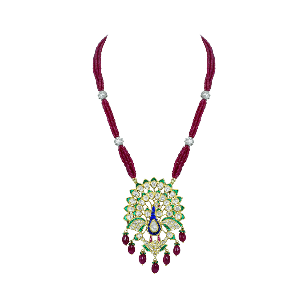 Peacock Pendant Necklace with Polki, Green Enamel, and Ruby Drops